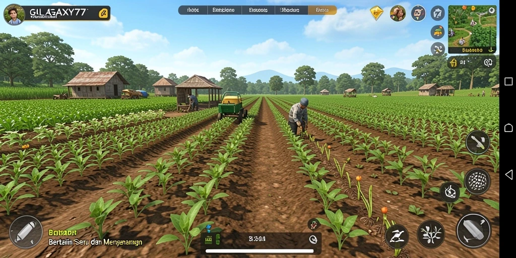 Tangkapan layar gameplay GALAXY77 dengan aktivitas bertani yang seru.